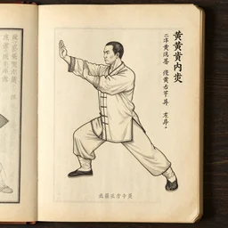 ancient kung fu posture manual in the style of the huang di nei jing, old worn paper, detailed illustrations, chinese text