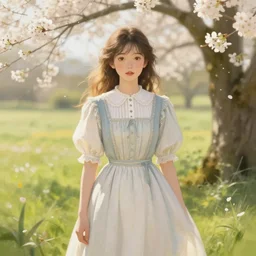 aerith gainsborough in a cottagecore dress, portrait, illustration, rim light, top light, perfectly shaded, spring time, slight overcast lighting, soft painting, art by krenz cushart and wenjun lin