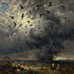 a land of swirling darkness and shadow with a swarming flock of birds, extremely detailed oil painting, unreal 5 render, rhads, sargent and leyendecker, savrasov levitan polenov, bruce pennington, studio ghibli, tim hildebrandt, digital art, landscape painting, octane render, beautiful composition, trending on artstation, award winning photograph, masterpiece