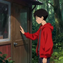 boy in red knock the door of a cabine in a forest, detailed, strong lighting, by [ aenami, alena ], trending on artstation