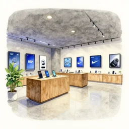 watercolor pencil and fineliner art!! of 2 0 3 0 s flagship retail interior. experience. telco digital screens phones. wood, polished concrete, neon, ceiling spots. plants. samsung microsoft apple nike adidas tesla muted colors