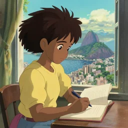 colorful graded studio ghibli portrait of a black brazilian girl studying by the window with Rio de Janeiro view, highly detailed, digital painting, artstation, concept art, smooth, sharp focus, illustration, art by studio ghibli and alphonse mucha