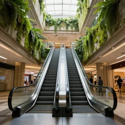 inside abandoned mall with escalator and walls having moss and ferns 8 k uhd, unreal engine, octane render in the artstyle of finnian macmanus, john park and greg rutkowski