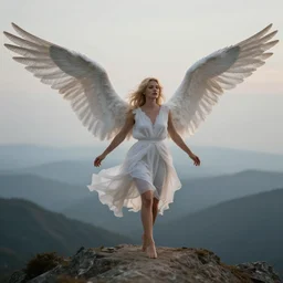 very pretty blond female angel with large wings landing on a mountain top, shallow depth of field, moody lighting, 8 k, concept art, wide angle,
