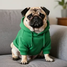 a Pug wearing a green hoodie sitting on a couch, photo realistic, trending on artstation, HDR, nicely detailed, 8k