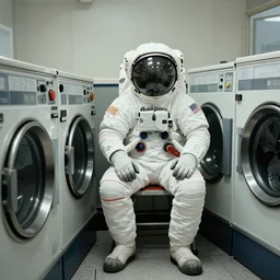 a beautiful photo of an astronaut waiting in a laundromat, 1970', soft light, morning light, photorealistic, realistic, octane, 8k, cinematic