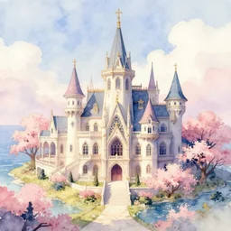 the pastel squid palace at the blossom coast beautifully showcases elven architecture. watercolor by the award - winning concept artist