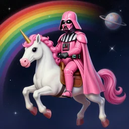 beautiful matte painting of a pink darth vader wearing pink riding a unicorn over a rainbow in space by lisa frank and dan mumford, unreal engine, concept art, CGsociety, trending on artstation