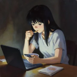 oil painting, yoji shinakawa, studio gainax, depressive anime girl sitting at desk messaging online and eating cereal, dramatic lighting