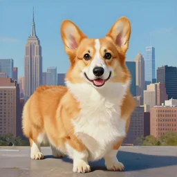 giant welsh corgi dog standing over new york city skyline, painting