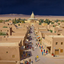 scenic view of a merchant street intersection in a kasbah, simple adobe houses, dense architecture, colorful crowd, huge temple in the background with a round roof, at night, stars visible in the sky, set in the nevada desert, flat desert, Academic detailed painting by craig mullins and thomas kinkade and james gurney