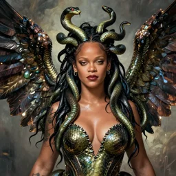 Rihanna as Medusa, a winged human female with living venomous snakes in place of hair