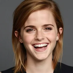 close-up portrait of Emma Watson laughing and looking into the camera, studio lighting