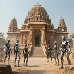 ancient indian civilization with cyberpunk and high tech and cyborg people, photorealistic, 4 k