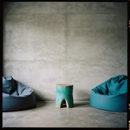 kodak portra 4 0 0, 8 k, shot of a highly detailed, britt marling style, colour still - life portrait of a large minimalistic room, rough concrete walls, a single rough carved wooden teal, cannabis store with comfortable beanbags, muted colours