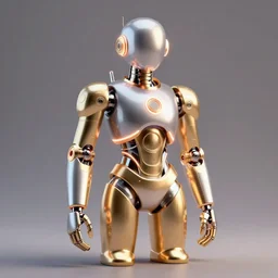 3D render of a smooth simple cyberpunk humanoid futuristic sci-fi robot, neon lights, gold, metallic, in the style of Daniel Dociu, dramatic lighting, vibrant colors, Trending on Artstation HQ, 4K, UHD, High quality, Unreal Engine