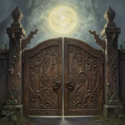 large rustic intricately decorated wood gate, a view to an eerie fantasy world, glowing sphere, ethereal back light, mist, coherent composition, detailed fantasy painting by artgerm, noriyoshi ohrai, yuumei