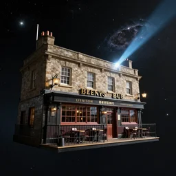 a wall of a british pub seen floating in space from a distance, stars and galaxies, beams of light, trending on artstation, octane render