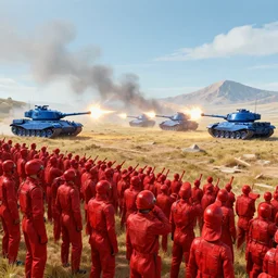 red troops on a hill watching giant blue enemies tanks far in the distance shooting at them, hyperdetailed, artstation, cgsociety, 8 k