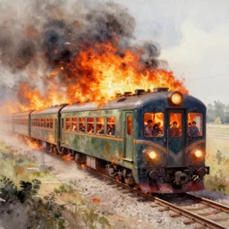 one million people in one burning train, artistic watercolour oil painting, 4 k, concept art
