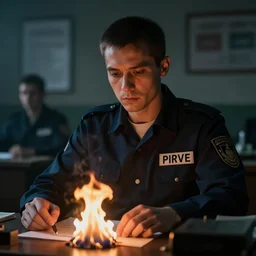 an ultra realistic, cinematic photograph of a male prison guard, sat at a desk, fire, dramatic, soft light, dreamy, facial features, detailed, deep focus, movie still, dramatic lighting, ray tracing, by anton semenov and yoshitaka