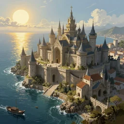The capital of a medieval kingdom located by the sunlit sea, fantasy, highly detailed, digital painting, artstation, concept art, illustration, art by Bayard Wu and Marc Simonetti and Diego Gisbert Llorens