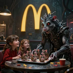 dystopian Lovecraftian ratty McDonalds advertisement showing a smiling family being served a tray of rats in the style of H.R. Giger