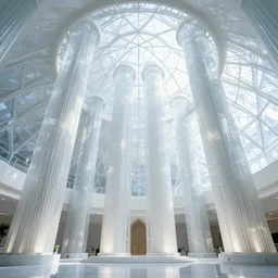 beautiful chapel in a geodesic dome, giant pillars, crystal walls, light dust, by peter mohrbacher dan mumford craig mullins nekro, cgsociety, pixiv, volumetric light, 3 d render