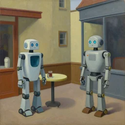 robot cafe, blocky courtyard, grant wood, pj crook, edward hopper, oil on canvas