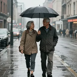 a sketch of an old couple holding up umbrella's on a rainy city street