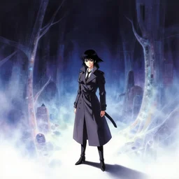 a high definition screenshot from the haunting and strange science fiction ( ( ( cyberpunk ) ) ) anime anime anime film ; a lone lone single female detective wearing a trenchcoat investigates a strange and ethereal dreamscape, digital painting by ( ( makoto shinkai ) ), moebius moebius, surrealism, trending on artstation