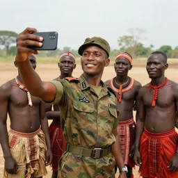 a soldier takes a selfie with tribesmen.
