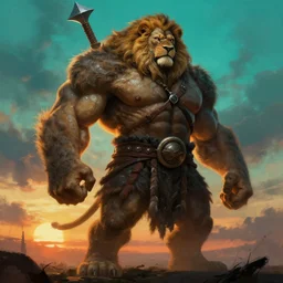 muscular oversized lion animal as barbarian hunter  with weapon and anthropomorphic human oversized mutant proportions and very hairy body , backlight  body , extreme very textured detailed panoramic  futuristic painting by rembrandt , silhouette over sunset, dramatic clouds and cyan atmosphere