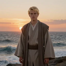 a young blonde male jedi with short hair standing still looking at the sunset concept art by Doug Chiang cinematic, realistic painting, high definition, concept art, portait image, path tracing, serene landscape, high quality, highly detailed, 8K, soft colors, warm colors, turbulent sea, high coherence, anatomically correct, hyperrealistic, concept art, defined face, five fingers, symmetrical