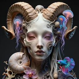 goddess princess face close-up portrait ram skull abstract 3d composition. jellyfish phoenix head, nautilus, orchid, skull, betta fish, bioluminiscent creatures, intricate artwork by Tooth Wu and wlop and beeple. octane render, trending on artstation, greg rutkowski very coherent symmetrical artwork. cinematic, hyper realism, high detail, octane render, 8k
