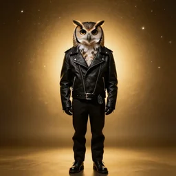 front of owl wearing black biker jacket, portrait photo, full body, backlit, studio photo, golden ratio, starry background, no face