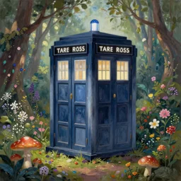 A beautiful painting of TARDIS in a magical forest with flowers and mushrooms, soft sun light by Herbert Arnould Olivier, Trending on artstation