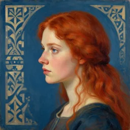 my new profile, woman, very pretty girl, red hair, painting, style of old scandinavian art, blue / gray eyes, early 2 0's.