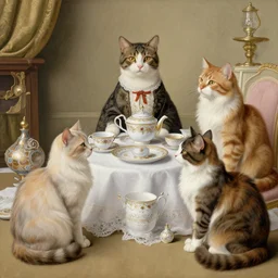 three cats enjoying a fancy english tea party, painted by jan van eyck