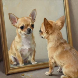 a honey colored chihuahua puppy looking at his reflection in the mirror from the front, oil painting