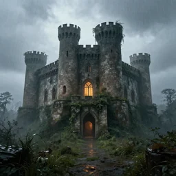 matte painting, castle, dramatic landscape, overgrown, cinematic, overcast, interior light, rain, slight fog