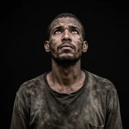 photo by lee jeffries, man looking up, dirty, homeless, black background