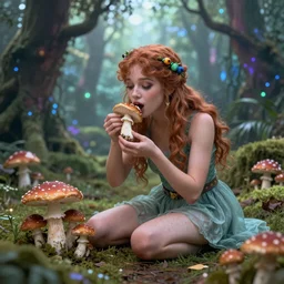 A fairy eating mushrooms in a magical forest fantasy