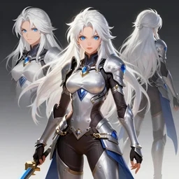 highly detailed, digital art, pixiv fanbox, trending on artstation, ray tracing, volumetric lighting, sharp focus, hq, overwatch style knight female character, long messy wild white hair and blue eyes, front and back view, design sheet, arcane, by artgerm, wlop, greg rutkowski, miyazaki hayao