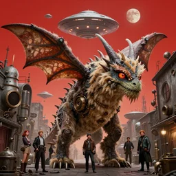 zoomed out profile face portrait of fuzzy kaiju moth dragons, 1 9 5 0 s scifi, ufo, flying saucer, moon, meninblack, steampunk, alley, streets, hyung tae, frank frazetta, nicoletta ceccoli, mark ryden, lostfish, max fleischer, depth of field, detailed and intricate red square sky, 8 k resolution,