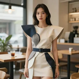 young adult filipino woman in a coffee shop wearing an avant garde outfit designed by zaha hadid, natural light, magazine photo, 5 0 mm
