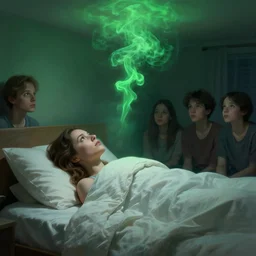 a woman laying in bed at night looking at the ceiling, covered in blankets, green smoke!!!!! surreal concept art, lifelike, photorealistic, digital painting, aesthetic, smooth, sharp focus, artstation hd, artgerm and by greg rutkowski, bruce pennington, valentina remenar, rhads, asher duran,
