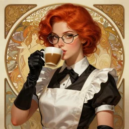 an portrait of an female waitress with short sleeves and black gloves drinking some coffee, Red hair, glasses, beauty, lip gloss, fantasy, intricate, elegant, highly detailed, D&D, digital painting, artstation, concept art, matte painting, sharp focus, illustration, in the style of Greg Rutkowski and Alphonse Mucha and artemisia, 8k,