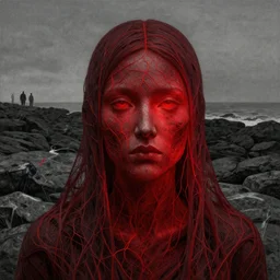 face portrait, rocky shore, woman, wrapped around by veins, veiled face, glowing red, by edgar maxence and ross tran, zdzisław beksinski, and michael whelan, distant, gustav dore, h. r. giger, 8 k, octane render