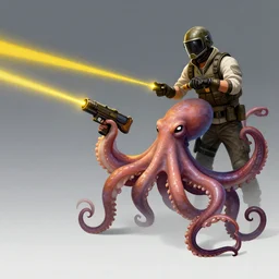 octopus with laser gun fights pubg soldier in pubg helmet, yellow laser beams, pubg art by greg rutkowski, artgerm alphose mucha, featured on cgsociety, altermodern, concept art, speedpainting, official art, sharp focus, detailed, illustration, intricate linework, unreal engine 5, radiant light, detailed